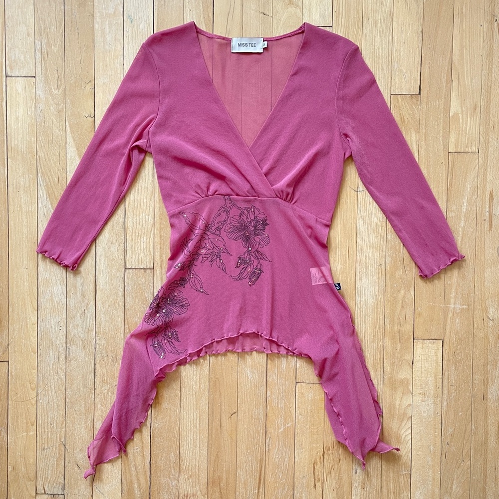 Y2K Fairy Miss Tee Rose Pink Mesh Surplice Floral Sequin Detail Flowy Top Medium